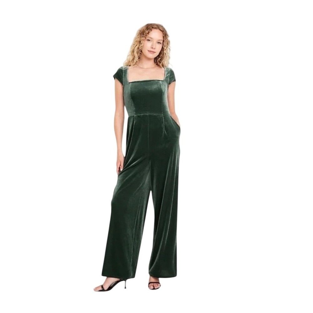 Old Navy Womens Green Velvet Square Neck Keyhole Back Wide Leg Jumpsuit L NWT